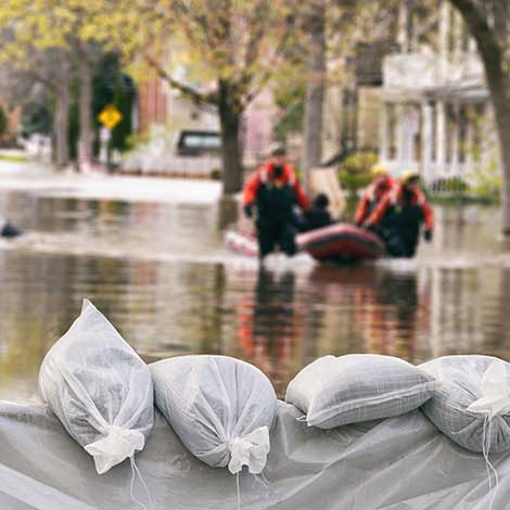 Imagens de sacos de areia a protegerem uma rua de uma inundação